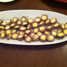 Scotch Quail Eggs with Quick Pickled Onions