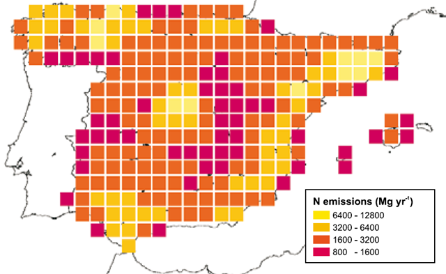 Map of total nitrogen emissions from Spain according to the EMEP model for the period 1990-2006 (data from EMEP reduced to half-degree cell). Nordin, et al., 2011