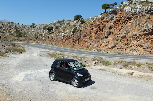 Driving around Crete in style. Renting a car is highly recommended by the duo.