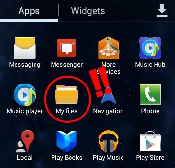 Apps list in Android showing typical icons with the My files app cicled in red