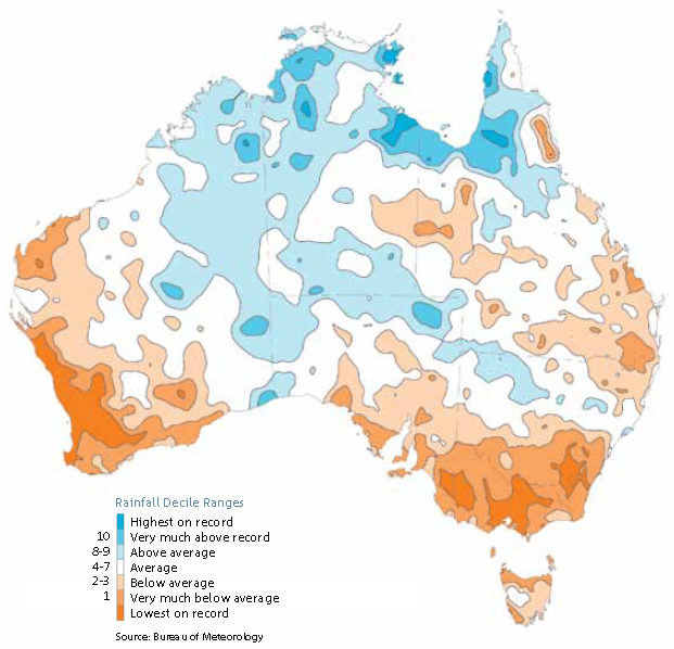 April to September (autumn and winter) rainfall deciles from 1997 to 2011 for Australia (a decile rainfall map shows whether the rainfall is above average, average or below average for the most recent 15-year period, in comparison with the entire rainfall record from 1900). Areas of highest on record and lowest on record are also shown. BOM