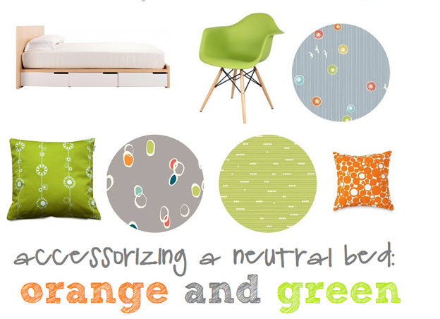 accessorizing a neutral bed with multicolor green