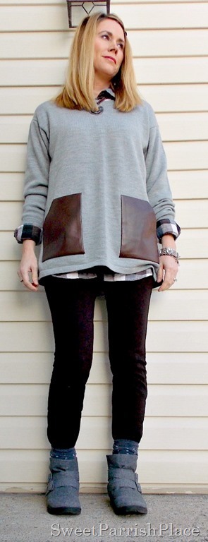 grey sweater with leather pockets and plaid shirt1