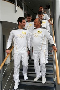 20120616 053 Matt Baker and Ken Allday (front) and other day 29 torchbearers head off to meet the Flame. Tony Griffiths