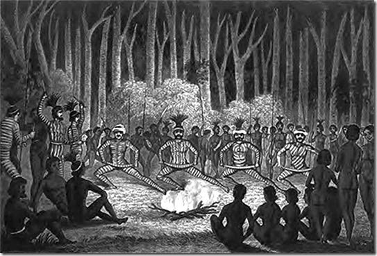 Dance-at-the-conclusion-of-the-Cawarra-(initiation) ceremonies, by Clement Hodgkinson, 1845.