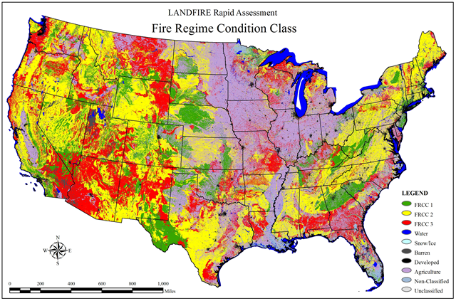 National map of regional fire behavior deviation from historical patterns. Green represents minimal deviation; yellow, a moderate deviation; and in red regions, current fire behavior is unprecedented in paleoecological records. LANDFIRE Rapid Assessment data / Nature Conservancy / USGS / USDA / USFS / DOI