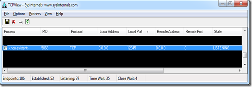 Capture d'écran de TCPView montrant le port TCP 12345 ouvert en état LISTENING par un processus n'existant plus.