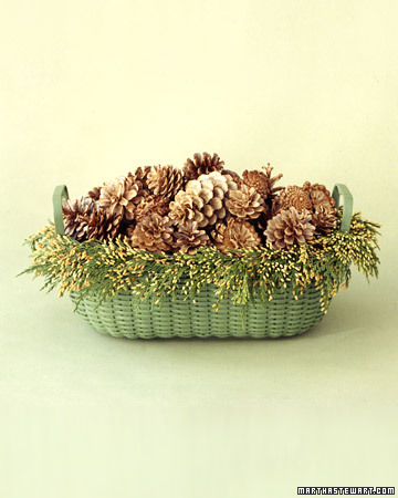 The distinctive plate-gold and brown of these pincecones is the result of bleaching. For contrast, we coated this new basket with green spray paint, and then lined the edge with a garland made from budded incense cedar. The distinctive plate-gold and brown of these pincecones is the result of bleaching. For contrast, we coated this new basket with green spray paint, and then lined the edge with a garland made from budded incense cedar.