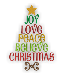 c0 Christmas tree composed of the words Joy, Love, Peace, Believe, and Christmas