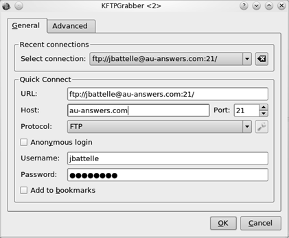 Enter information about the remote FTP server and click OK