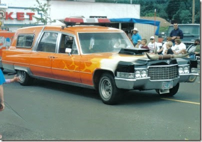 07 Astoria Clowns 1969 Cadillac Hearse in the Clatskanie Heritage Days Parade on July 4, 1999