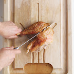 Cut between joint to separate thigh from drumstick. Both pieces can now be cut off the bone into slices. Cut between joint to separate thigh from drumstick. Both pieces can now be cut off the bone into slices.