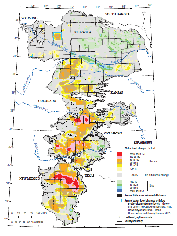 Depletion of the Ogallala aquifer. Since Americans first began industrial irrigation of the Great Plains in the 1940s, water levels across most of the Ogallala have fallen at least five feet, according to the U.S. Geological Survey. Almost one-fifth of the area has dropped at least 25 feet, while 11 percent has lost 50 feet or more. In some of the worst-off areas of Kansas and Texas, the water table has declined as much as 200 feet. The most recent drought has compounded the problem, drying up riverbeds and forcing farmers to rely even more heavily on groundwater. Graphic: USGS