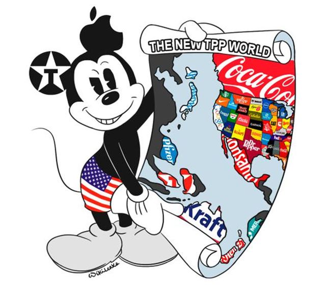 A cartoon, 'The New TPP World', depicts the corporate takeover of North America, Japan, Australia, and other nations by the secretive Trans-Pacific Partnership. Graphic: WikiLeaks