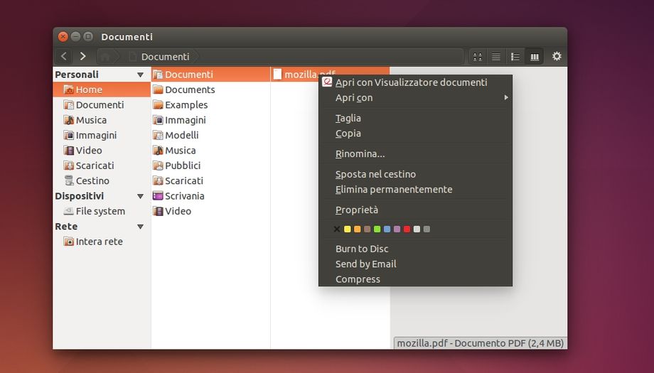Marlin File Manager - Menu Contestuale in Ubuntu
