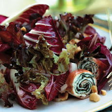 Bronze and Red Lettuce Salad with Serrano Ham and Goat Cheese Spirals