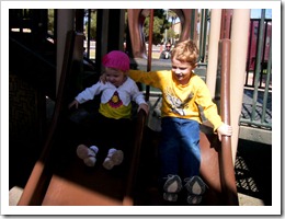 siblings going down the slide