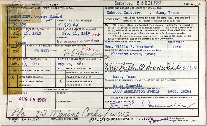 Color image from Ancestry.com collection "U.S., Headstone Applications for Military Veterans, 1925-1963"