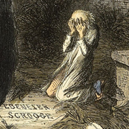 c0 Detail of John Leech illustration from "A Christmas Carol." The Ghost of Christmas Future confronts Scrooge with his own tombstone.