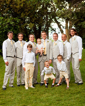 Groomsmen at a relaxed wedding in Salt Lake City wore gray vests and pants from J.Crew that matched groom Michael's suit. The littlest men wore yellow shorts and bow ties sewn by the bride, her mother, and grandmother. Groomsmen at a relaxed wedding in Salt Lake City wore gray vests and pants from J.Crew that matched groom Michael's suit. The littlest men wore yellow shorts and bow ties sewn by the bride, her mother, and grandmother.