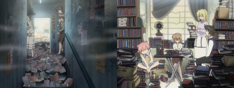 A side-by-side screenshot; Michelle, Maggie, and Nenene look down the apartment hallway now flooded with books spilling out of their door; the three sisters gather at a cheap foldable table to introduce Nenene to their place and have some tea together