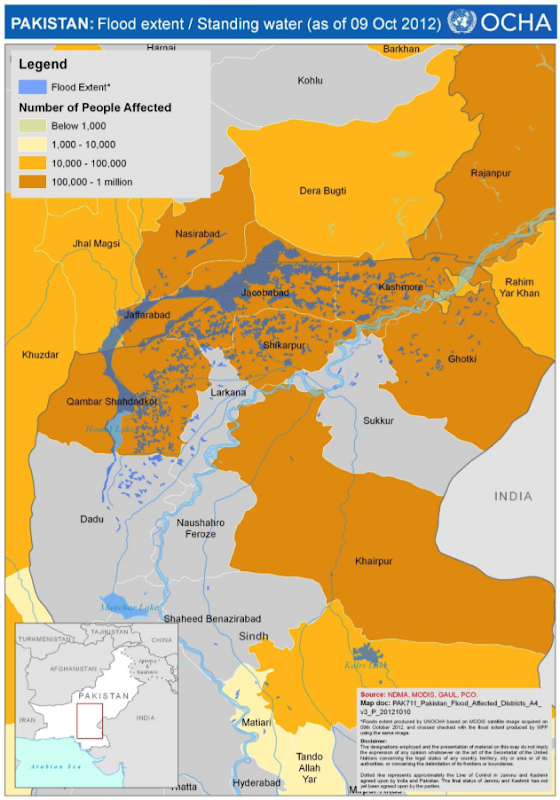 Flood extend and standing water in Pakistan, 9 October 2012. reliefweb.int