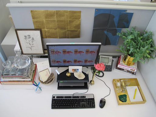 Behind my desk is a sample of a gorgeous metallic wallpaper and the horse silhouette is actually from a catalog I received. I love blue and black together.