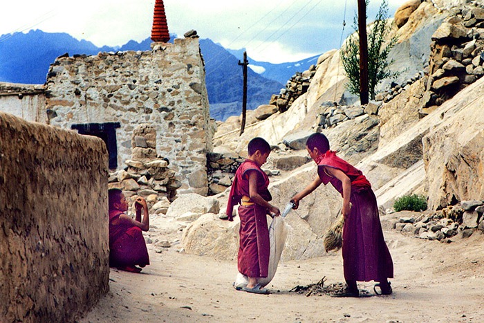 Giovani bonzi puliscono il monastero di Thiksey