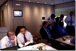 President Barack Obama with Head Speech Writer Jon Favreau aboard Air Force One enroute to Paris on June 5, 2009. (Official White House photo by Pete Souza)<br /><br />This official White House photograph is being made available for publication by news organizations and/or for personal use printing by the subject(s) of the photograph. The photograph may not be manipulated in any way or used in materials, advertisements, products, or promotions that in any way suggest approval or endorsement of the President, the First Family, or the White House. <br />