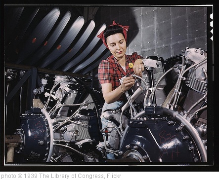 'Woman working on an airplane motor at North American Aviation, Inc., plant in Calif. (LOC)' photo (c) 1939, The Library of Congress - license: http://www.flickr.com/commons/usage/