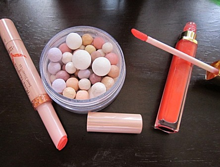 guerlain meteorites, estee lauder electric coral, etude house miss tangerine, bitsandtreats