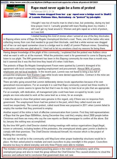 BLACK RACIST JOB RIGHTS PROTESTORS RAPE WHITE WOMAN IN PROTEST LONMIN PLATINUM MINE RUSTENBURG FEB 19 2012