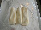 I like to wrap my tamales into pouches of three. They can also be wrapped individually if you prefer