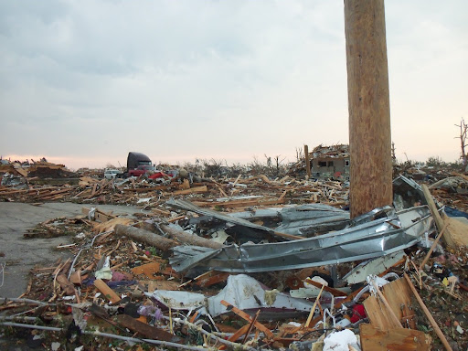 The twisted metal and splintered wood debris of Joplin, Missouri.
(Photo credit: Missy Belote)