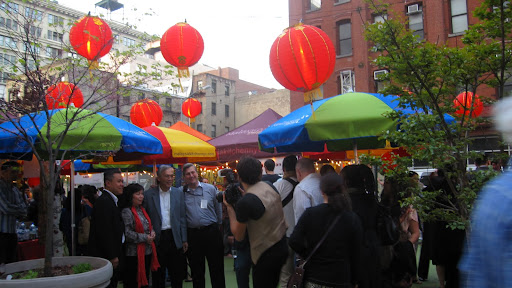 Colorful Chinese lanterns adorn the night market.