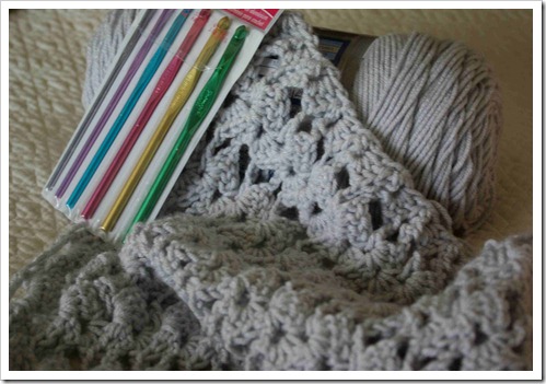 gray crochet shawl in progress