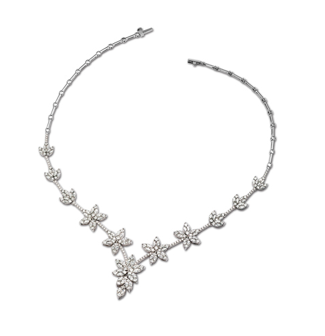 A simple neckline begs for a bold necklace! Simon G. Jewelry's platinum necklace features a bold mix of round, princess and marquise cut white diamonds. A simple neckline begs for a bold necklace! Simon G. Jewelry's platinum necklace features a bold mix of round, princess and marquise cut white diamonds.
