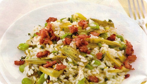 rissoto con fave, carciofi e pasta di salame rissoto con fave, carciofi e pasta di salame