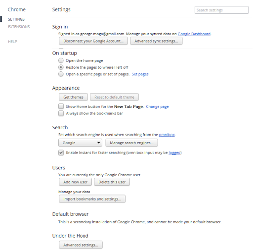 Google Chrome 18 unified settings page