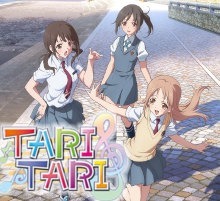 The three main girls on a cobbled path with the Tari Tari logo in the bottom left