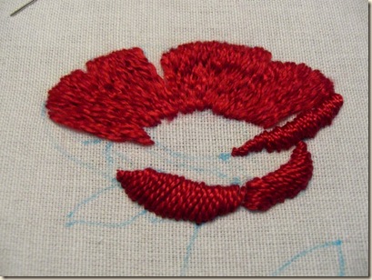Long & Short Stitch Red Flower WIP