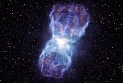ilustração de enorme jato de matéria ejetado pelo quasar