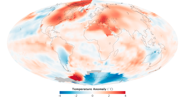 This map shows temperature anomalies for July 2012, as analyzed by the NASA Goddard Institute for Space Studies (GISS). That is, the map shows how much warmer or cooler each area was in July 2012 compared with the average for the month from 1951–1980. July 2012 was the hottest month on record for the contiguous (lower 48) United States and was the fourth warmest July since modern record-keeping began in 1880. NASA image by Robert Simmon, based on data from the Goddard Institute for Space Studies