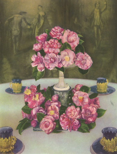 This gorgeous illustration showcases an adorable arrangement of camellias centering a luncheon table. The colors are absolutely stunning. This gorgeous illustration showcases an adorable arrangement of camellias centering a luncheon table. The colors are absolutely stunning.