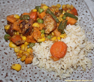 Sausage, Mixed Vegetable, Sweet Potato And Rice Dinner - served individually B Sausage, Mixed Vegetable, Sweet Potato And Rice Dinner - served individually B