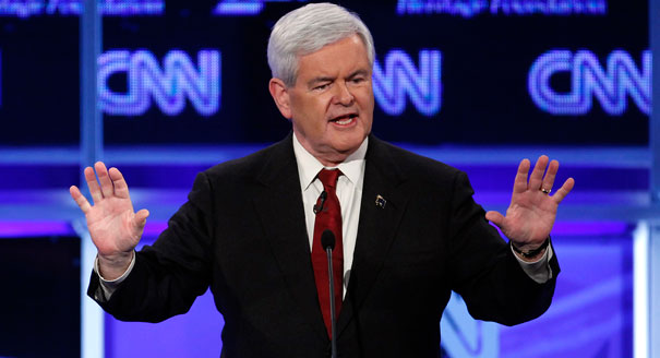 Newt Gingrich speaks during a Republican presidential debate on Tuesday, 23 November 2011. Gingrich made unsupportable statements about U.S. potential oil supply. AP