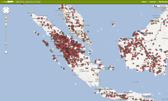 Mongabay.com's Global Forest Disturbance Alert System (GloF-DAS) alerts in Sumatra. NASA satellites picked up signals of extensive potential deforestation in Sumatra, Borneo, Central Africa, the Brazilian and Peruvian Amazon, the Chocó in Colombia and Ecuador, and the Chaco region of Paraguay between 1 October 2012 and 31 December 2012. Graphic: mongabay.com