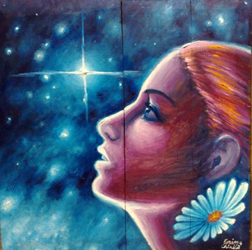 Floare albastra - Privind luceafarul - Pictura ulei pe lemn inspirata din poeziile lui Mihai Eminescu Floare albastra - Privind luceafarul - Pictura ulei pe lemn inspirata din poeziile lui Mihai Eminescu