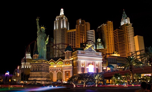 New York, New York Casino<br />Traffic flying by on the strip.		<br />Las Vegas, Nevada<br />