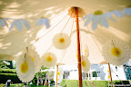 Providing shade at an outdoor party is important in the summer. This fabulous tent is from my favorite source, Sperry Tents, and I hung some tissue daisies (in the sale) at different lengths. 
Photograph by Allan Zepeda (allanzepeda.com) for Elan Artists (elanartists.com)